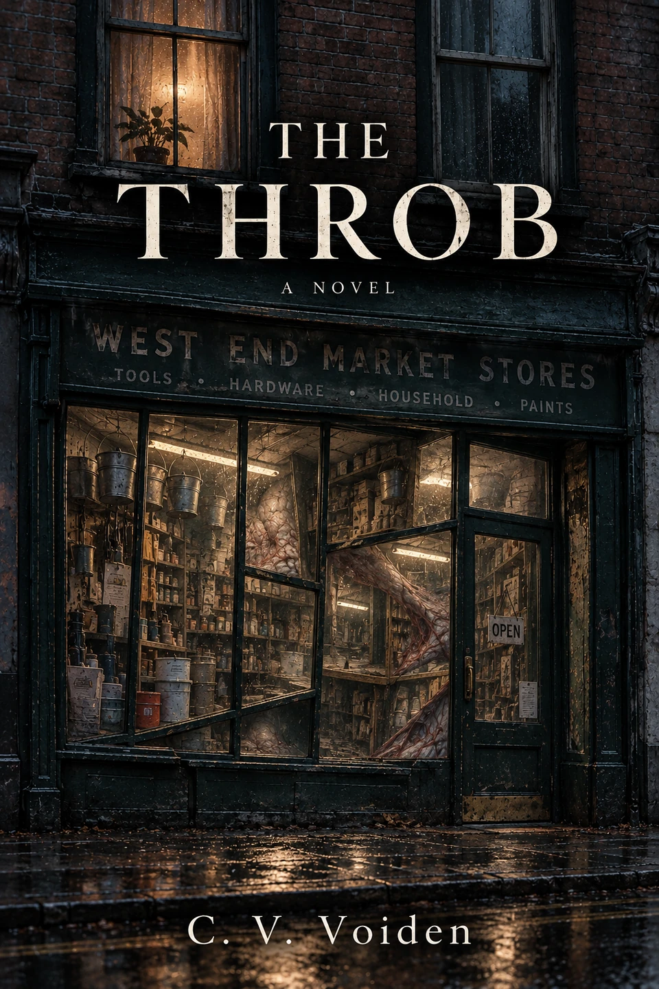 The Throb, a novel by C. V. Voiden. A rain-soaked West End Market storefront.